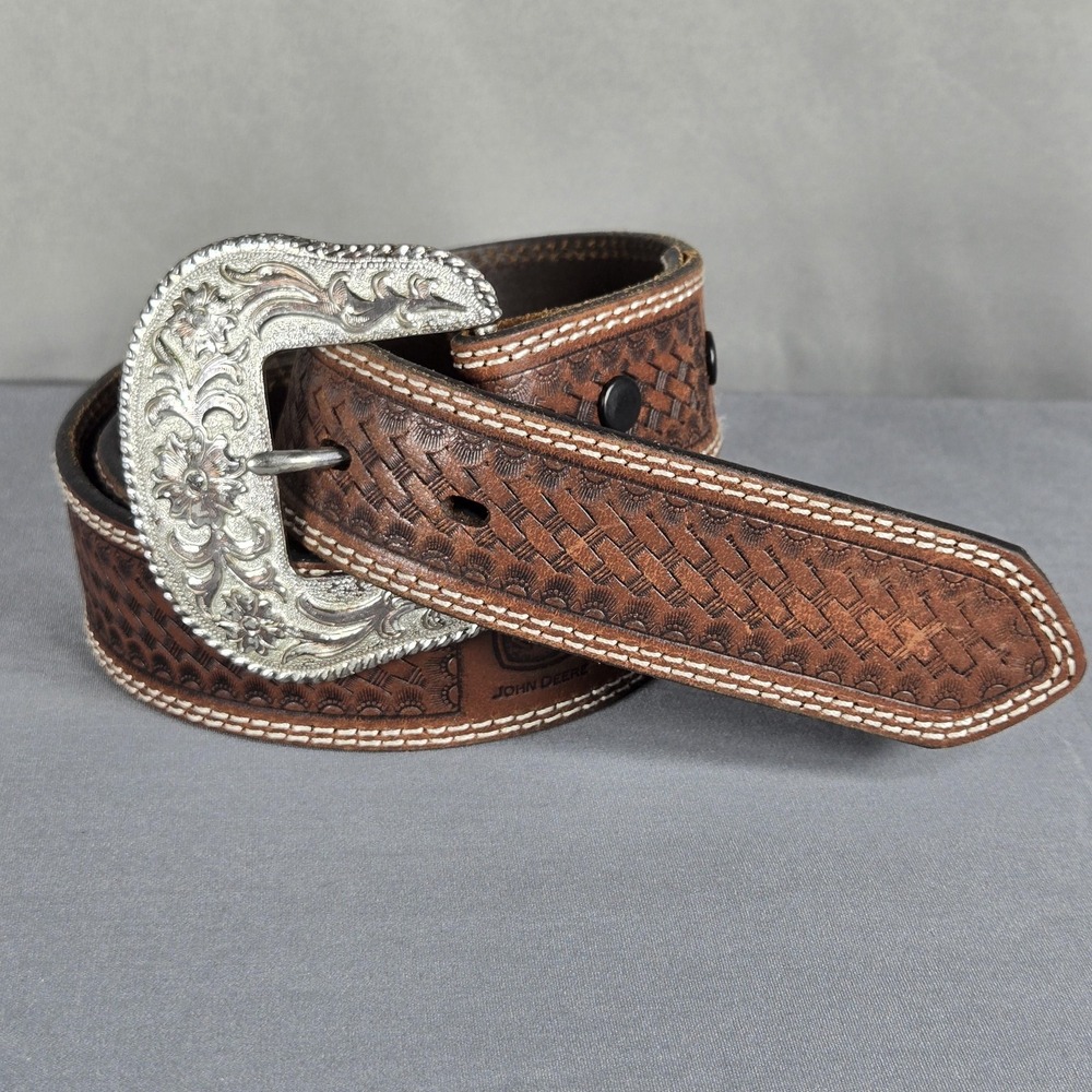 Vintage John Deere Mens 44 Belt Brown Leather Basketweave Tooled Western 90s - Picture 1 of 12